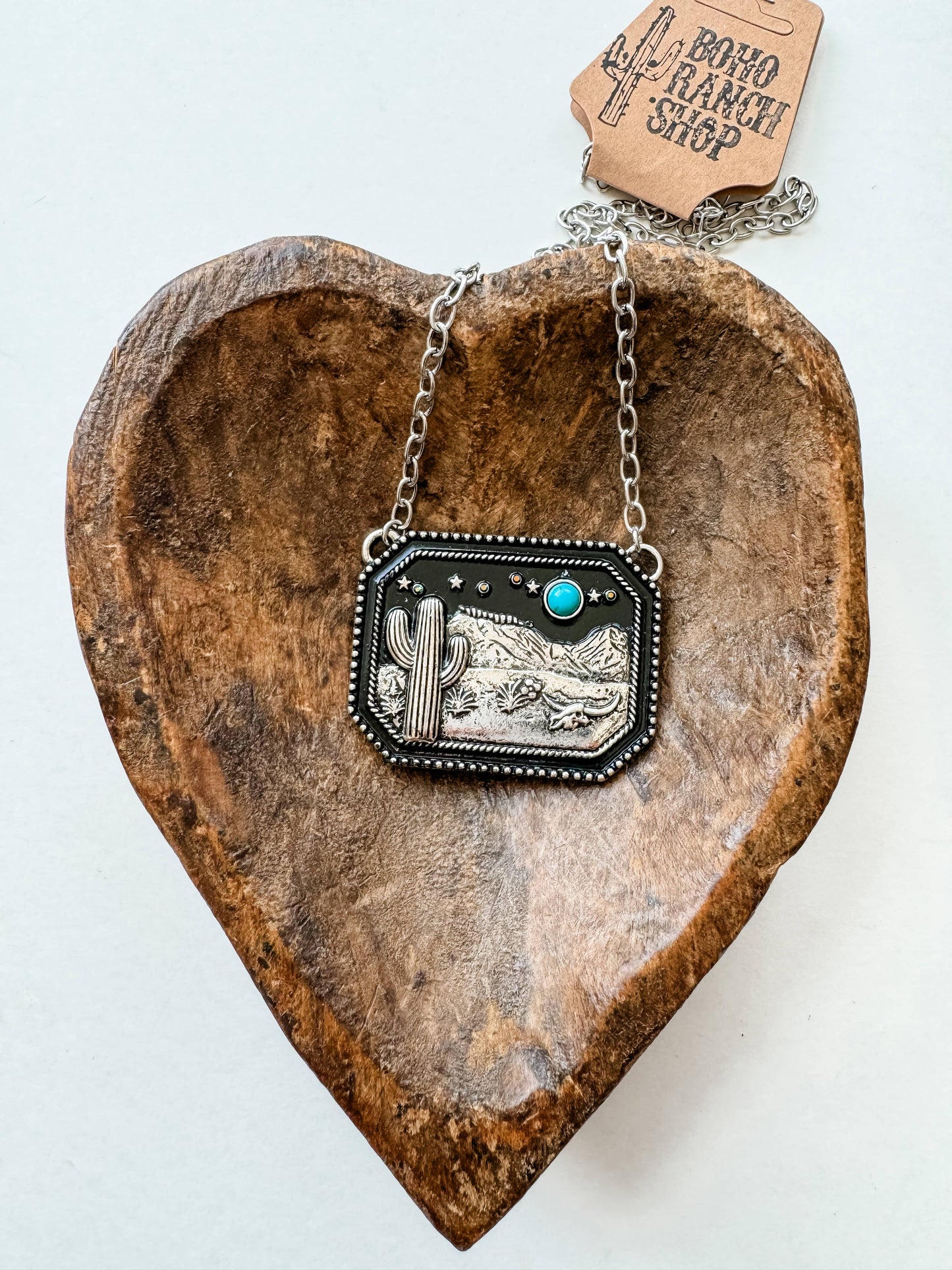 Western Scenery Cactus Desert Pendant Necklace: TURQUOISE