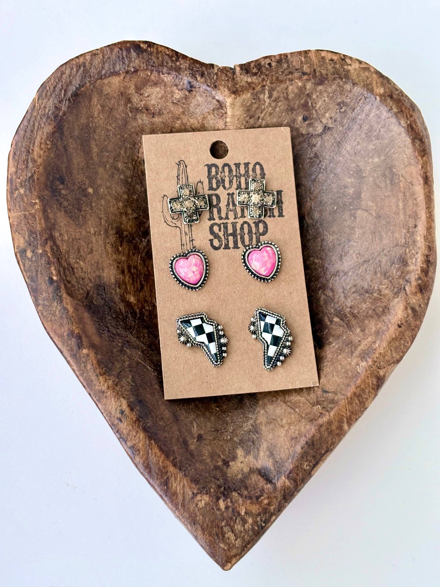 3pc Western Cross Heart Checker Lightning Stud Earrings Set