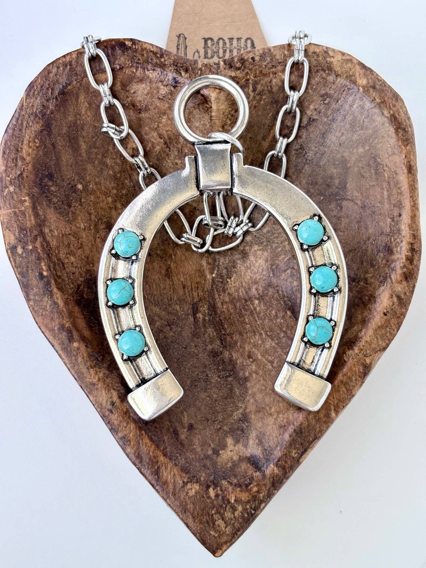 Western Horseshoe Turquoise Stone Statement Necklace: Silver