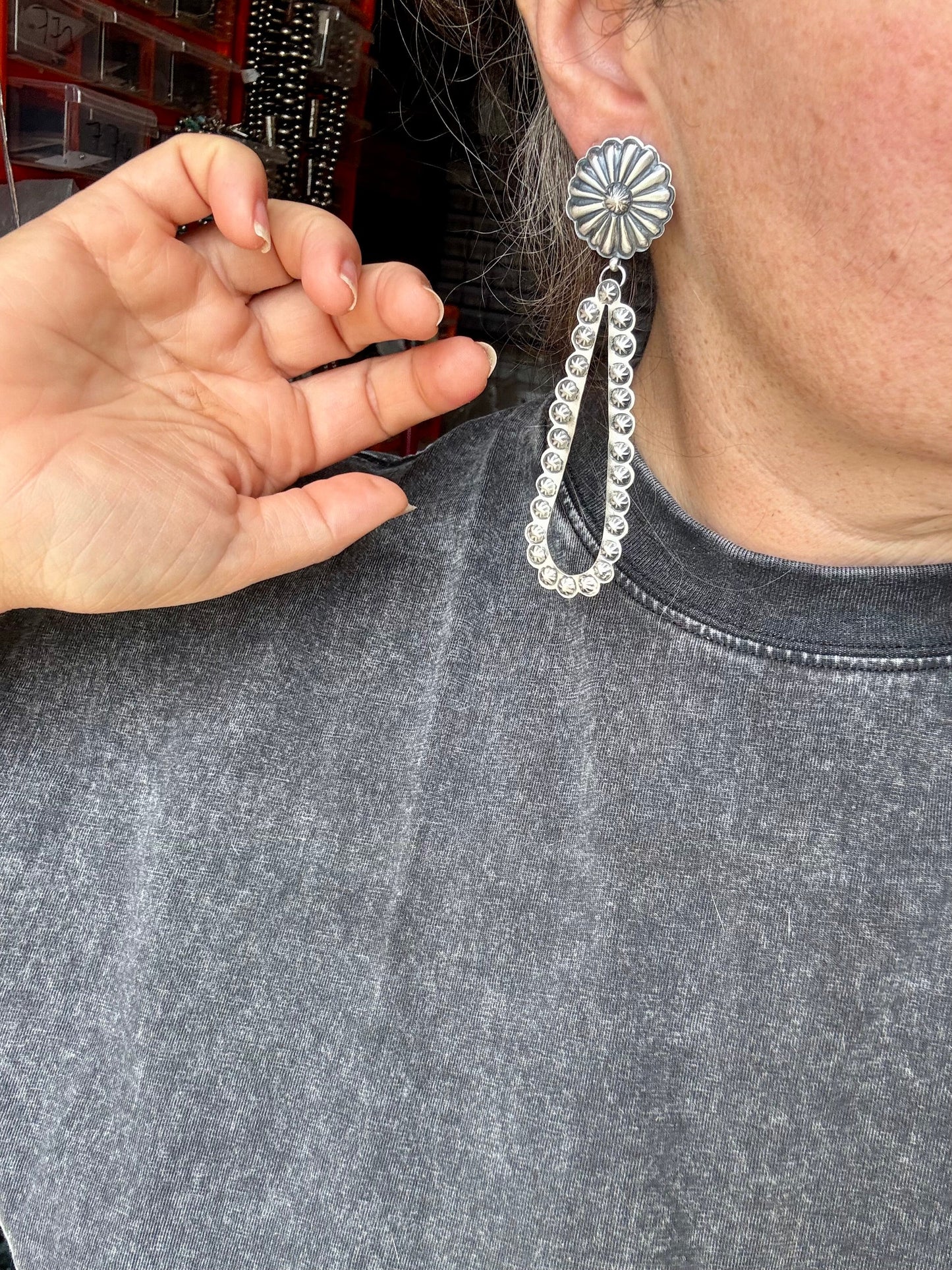 Eugene Charley Navajo Concho & Teardrop Dangle Earrings – Sterling Silver