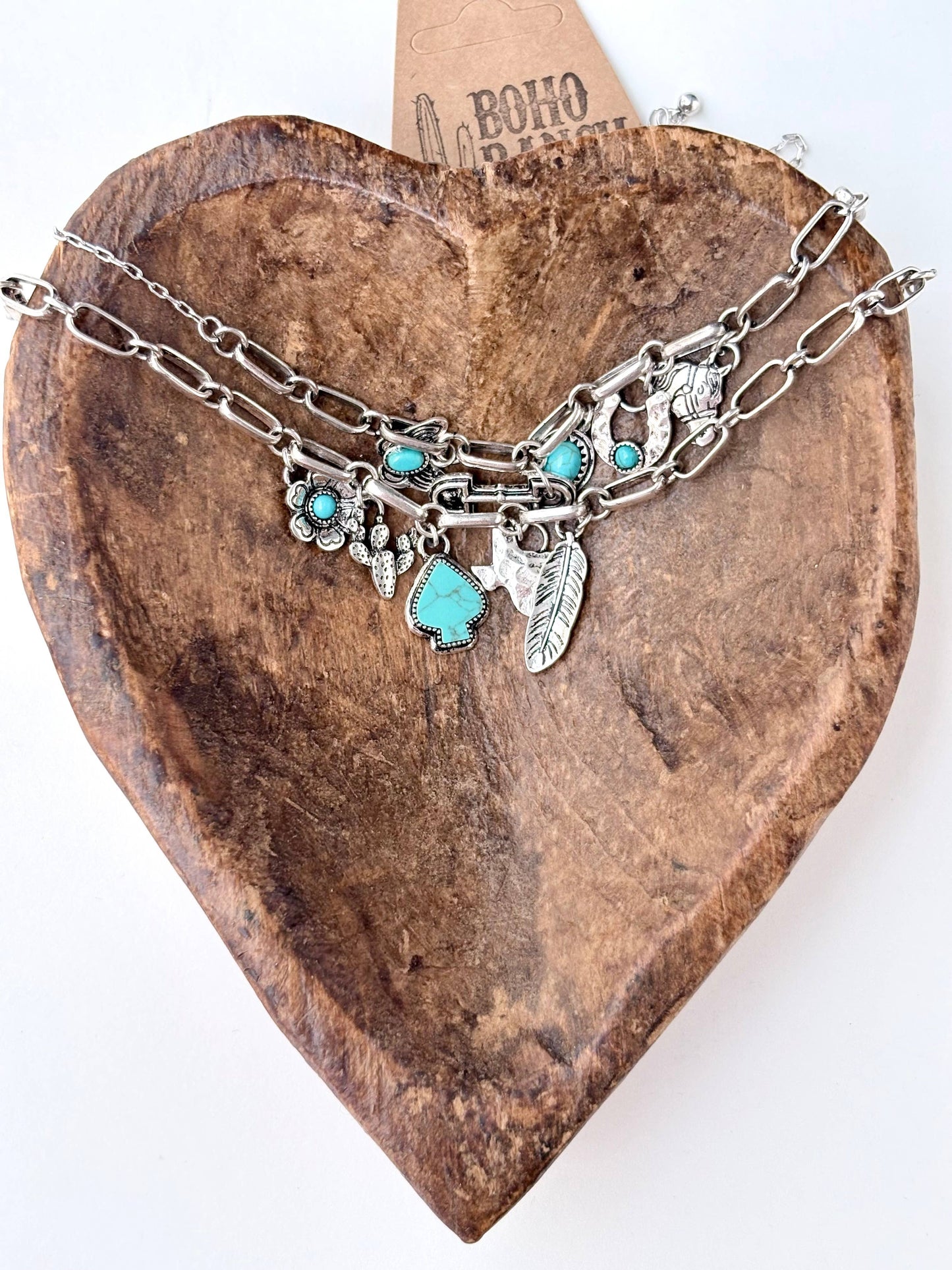 Western Style Turquoise Stone Multi Charm Necklace Set: Silver