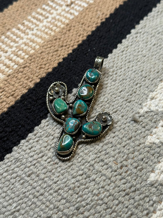 German silver and authentic turquoise cacti Pendant