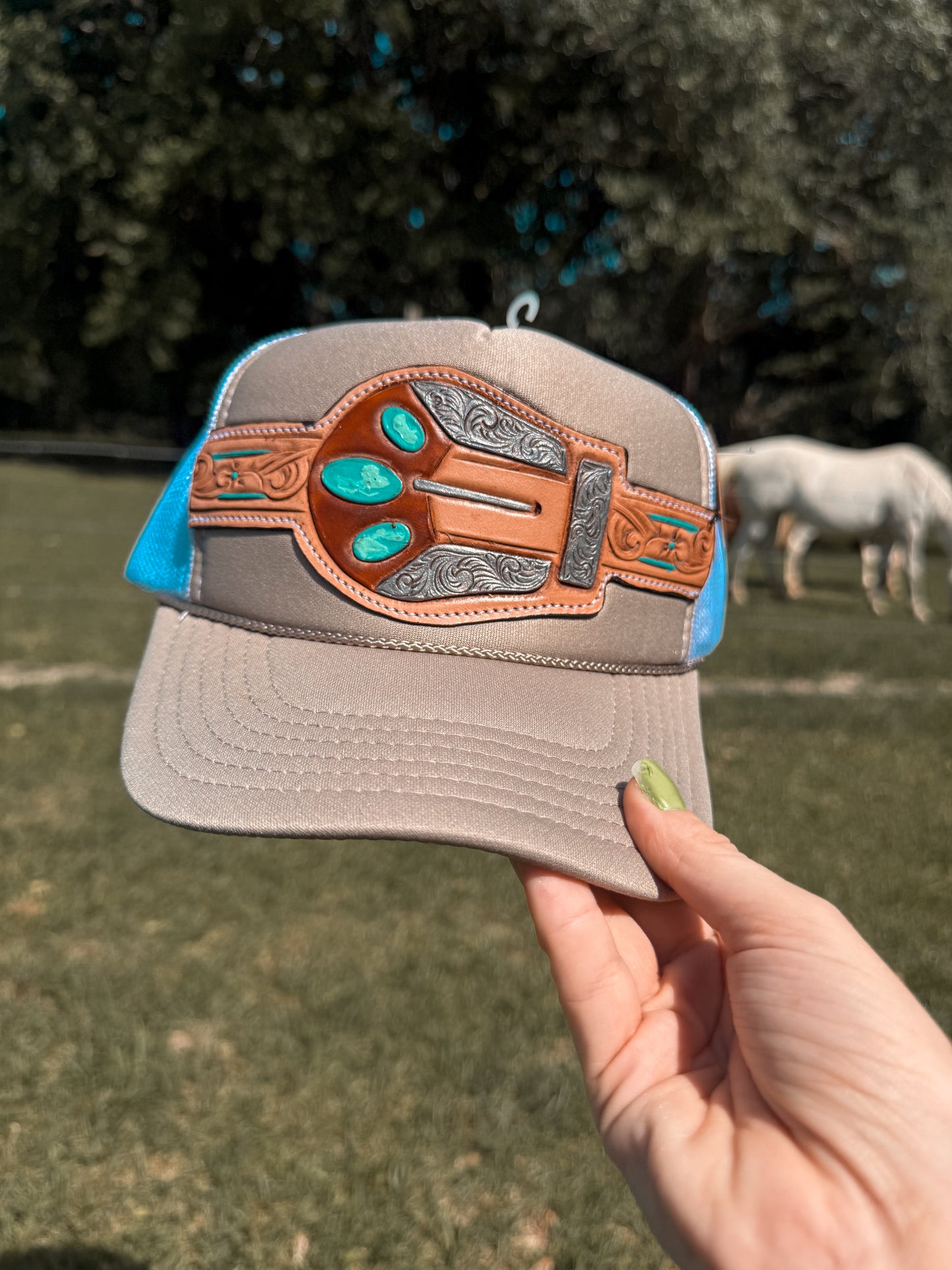 Turquoise Handtooled Buckle Cap
