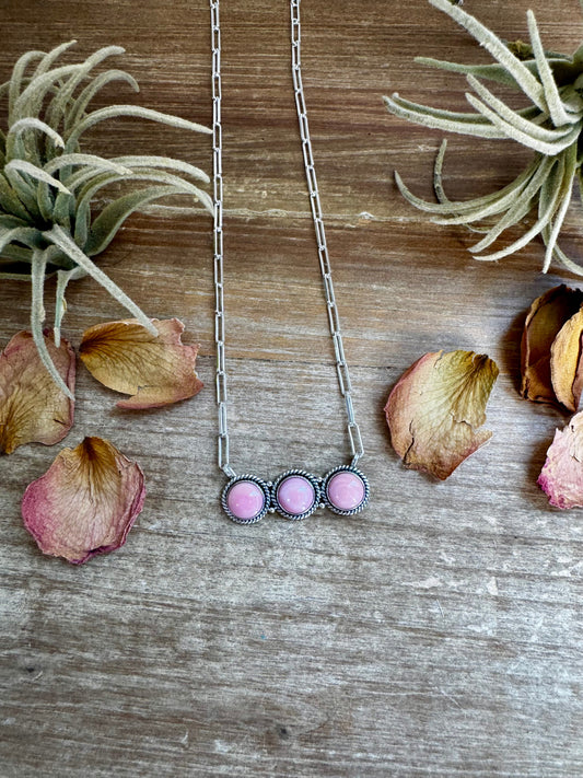Bar Necklace – 3 Pink Conch Rounds – Sterling Silver – 19 Inch – USA Made