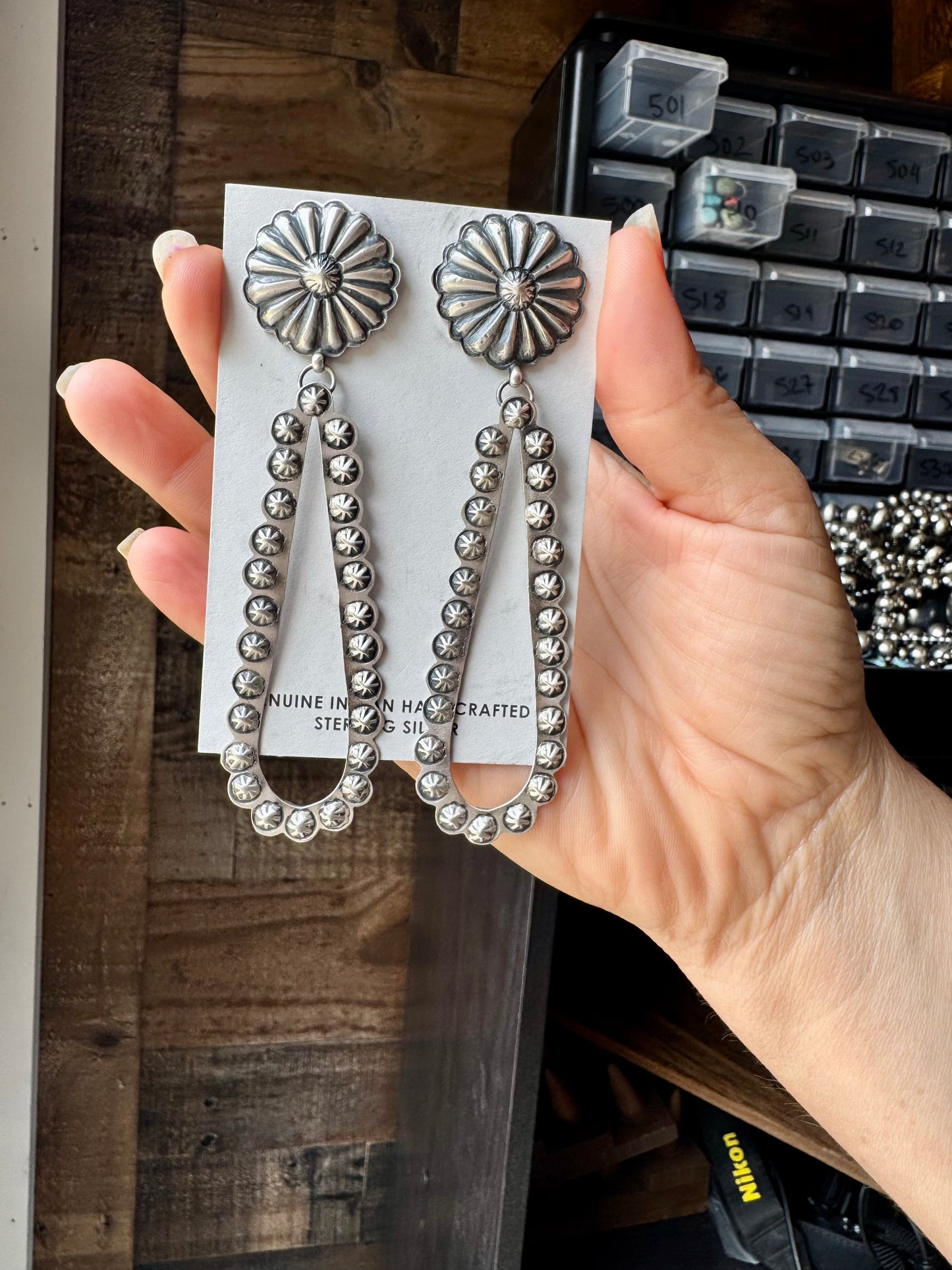 Eugene Charley Navajo Concho & Teardrop Dangle Earrings – Sterling Silver
