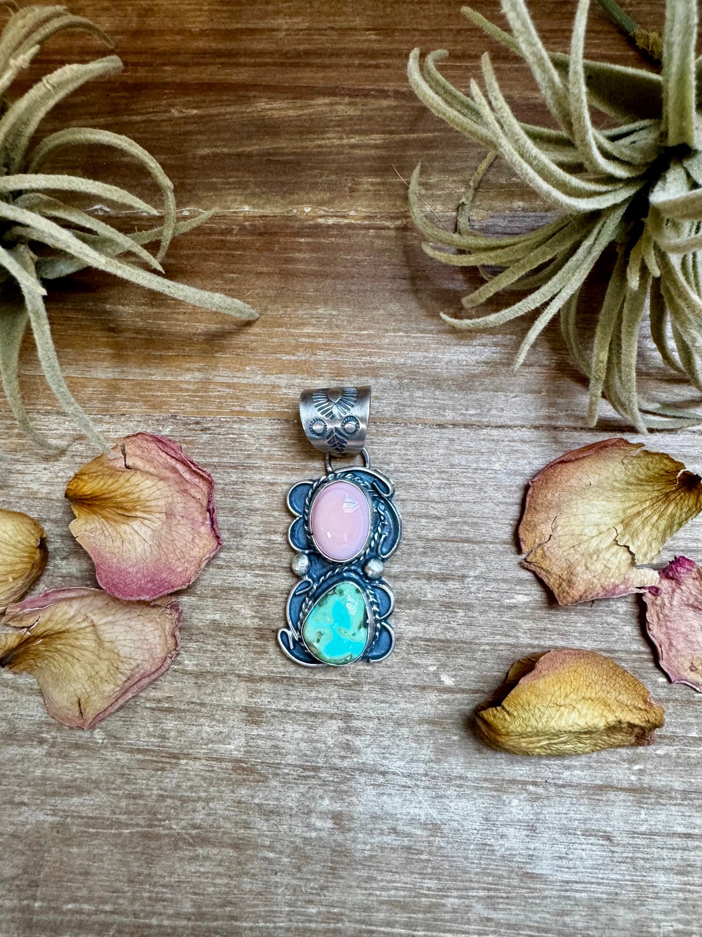 Pink Conch & Sonoran Gold Turquoise Pendant – Sterling Silver by Gilbert Nez
