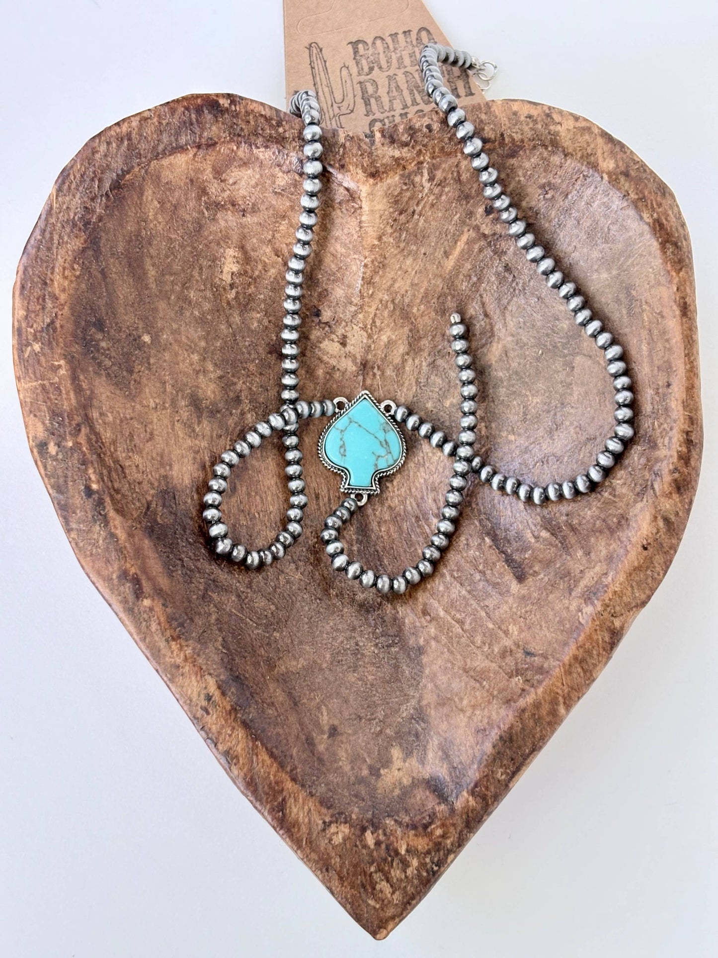Pearl Bead Turquoise Stone Spade Pendant Necklace