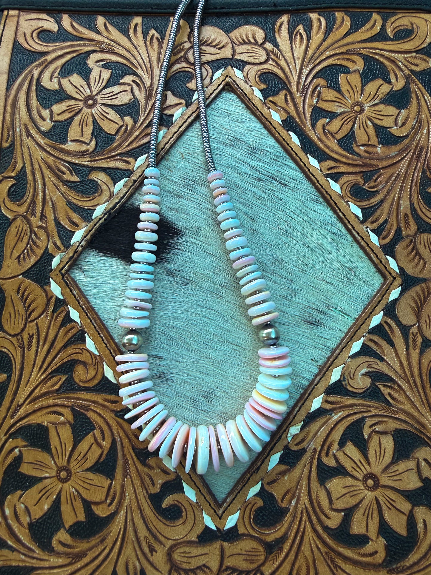 22” Pink Conch Graduated Necklace – Sterling Silver & Hematite