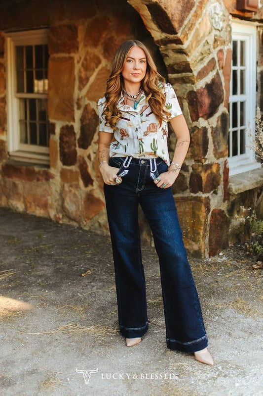 Dark Wash Stretch Denim Western Wide Leg Jeans