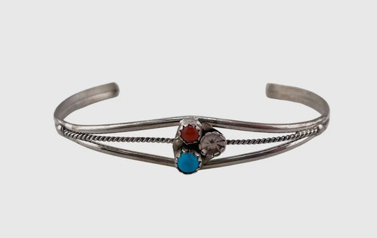 Turquoise & Coral Flower Navajo Cuff Bracelet
Sterling Silver