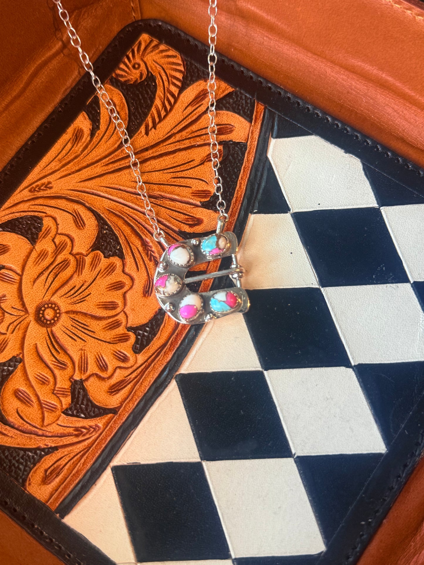 Cotton candy belt buckle necklace