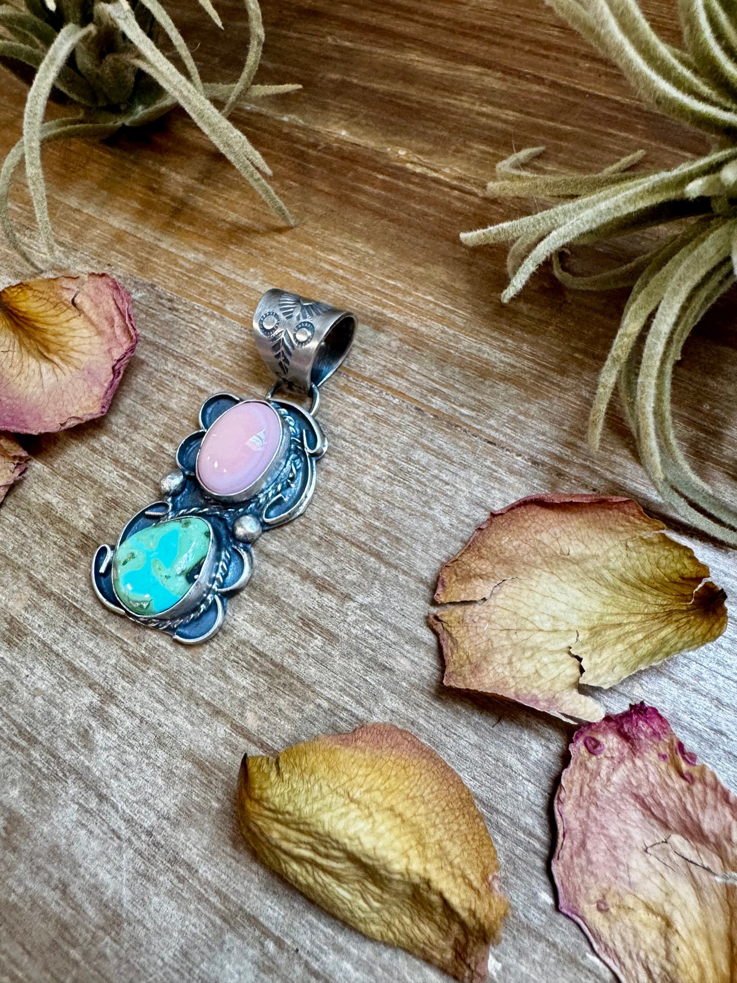 Pink Conch & Sonoran Gold Turquoise Pendant – Sterling Silver by Gilbert Nez