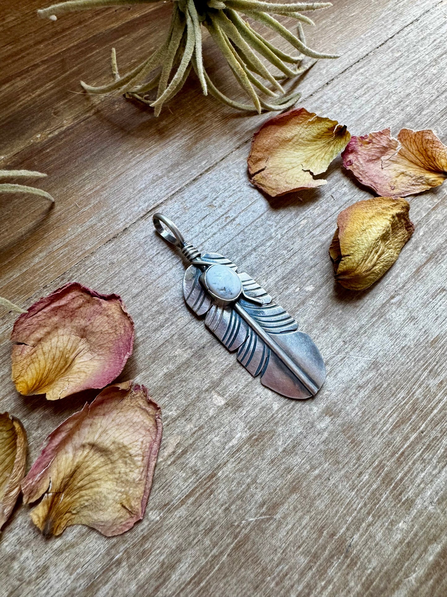 Feather Pendant with White Buffalo – Sterling Silver, Fits 8 mm Chain
