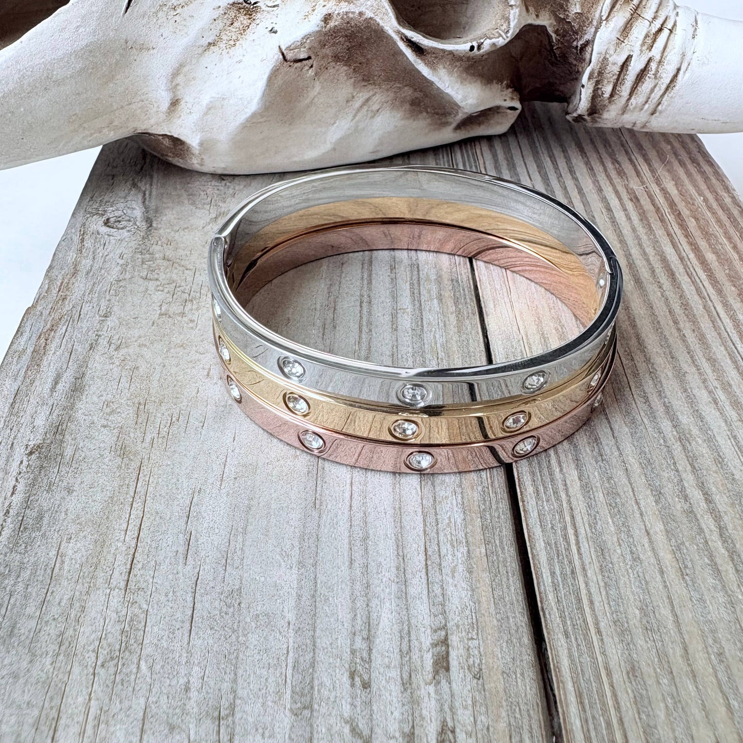 Rhinestone Love Style Bangle Bracelet: Silver
