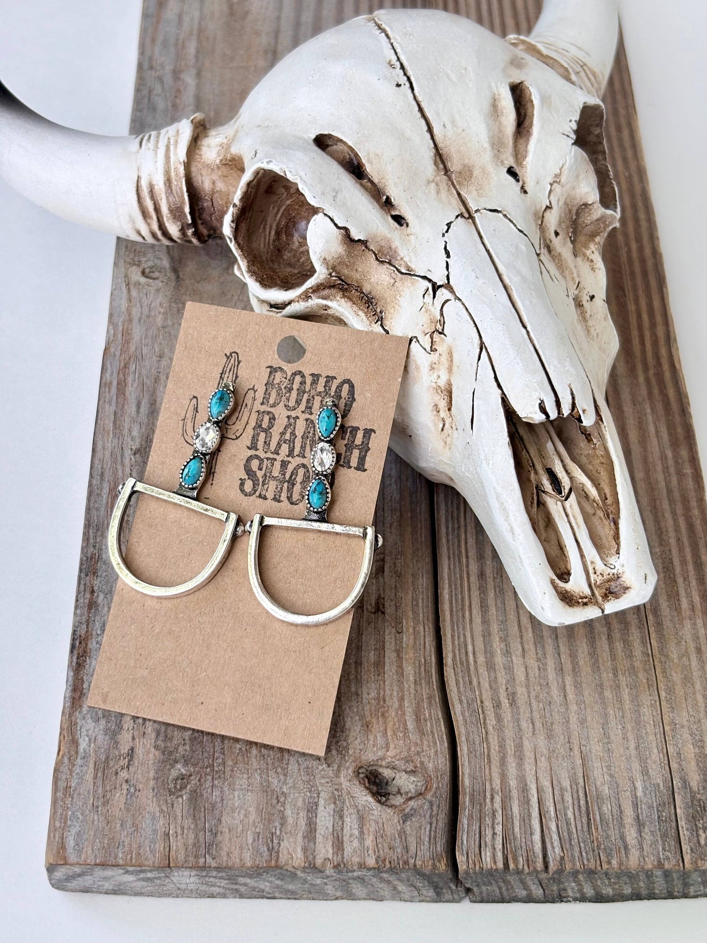 Western Horsebit Stone & Rhinestone Post Drop Earrings: Silver