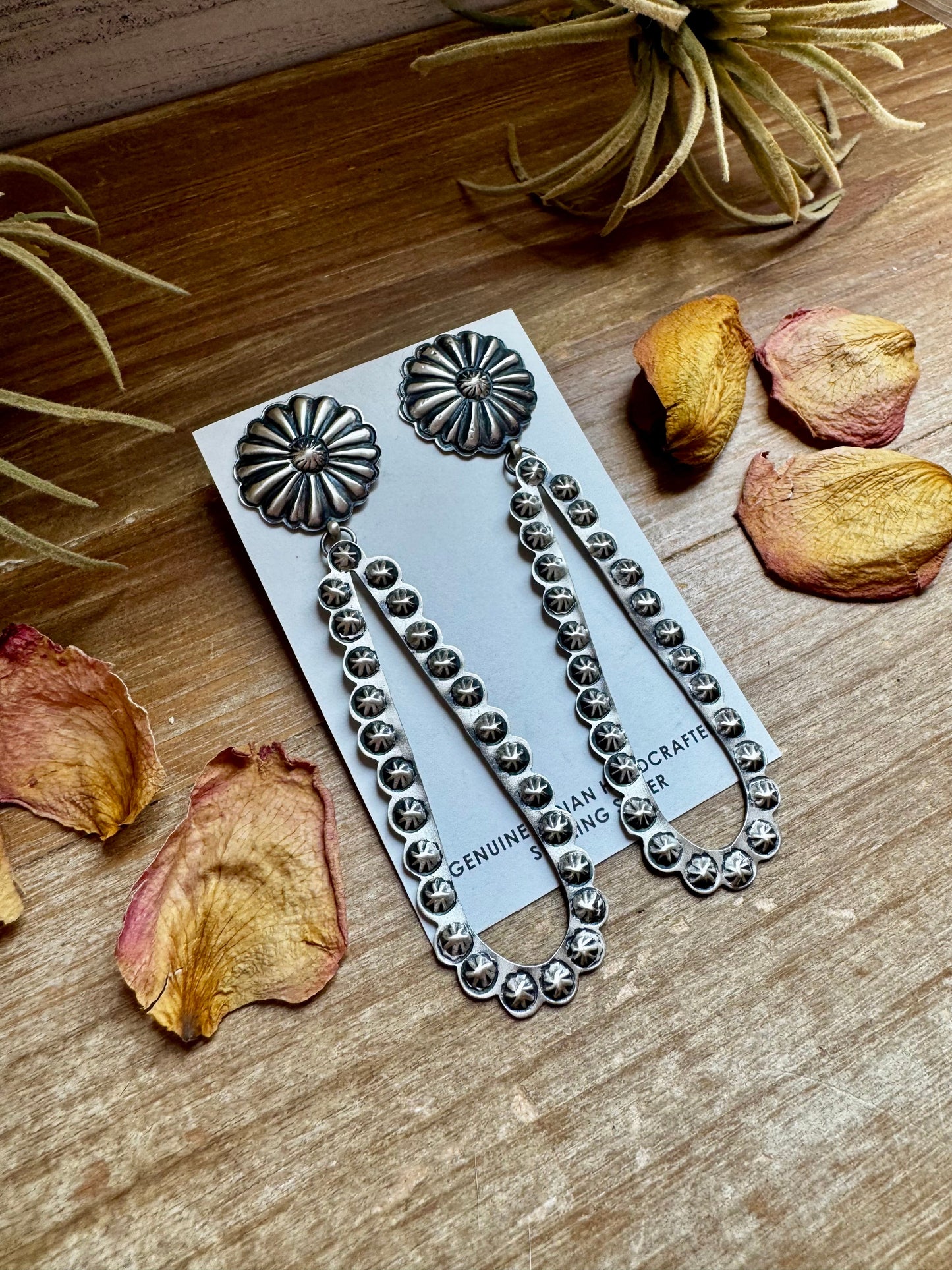 Eugene Charley Navajo Concho & Teardrop Dangle Earrings – Sterling Silver