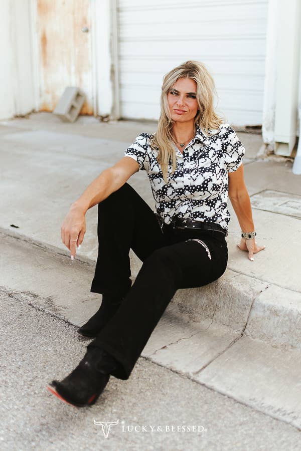 Horse Printed Puff Studded Detail Pearl Snap Shirt