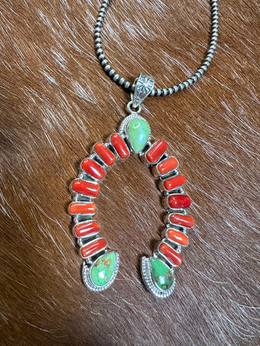 Beautiful Handmade Sterling Silver, Coral & Sonoran Mountain Turquoise Naja Pendant