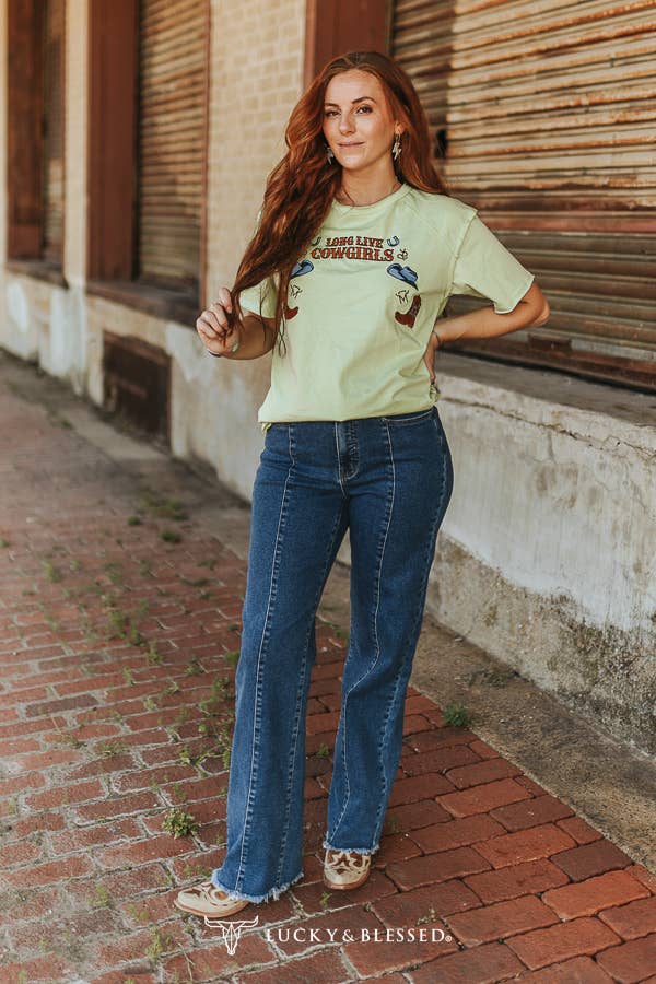 Pistachio LongLive Cowgirls Western Embroidered RawHem Shirt