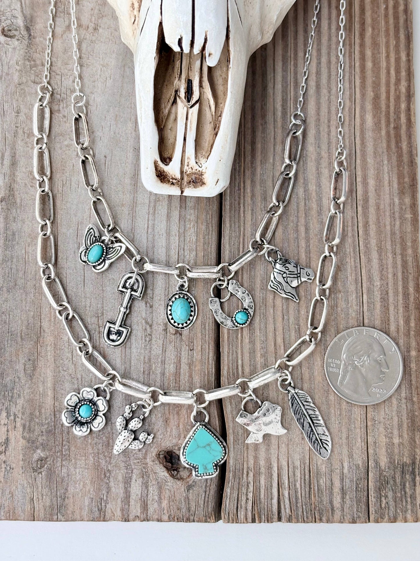 Western Style Turquoise Stone Multi Charm Necklace Set: Silver