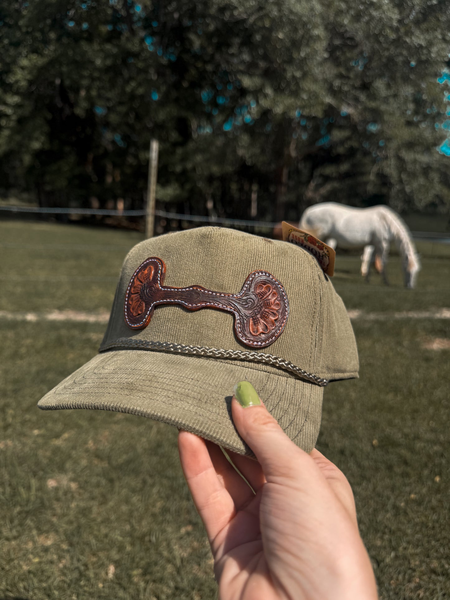 Hand Tooled Leather Snaffle Bit Cap: Green