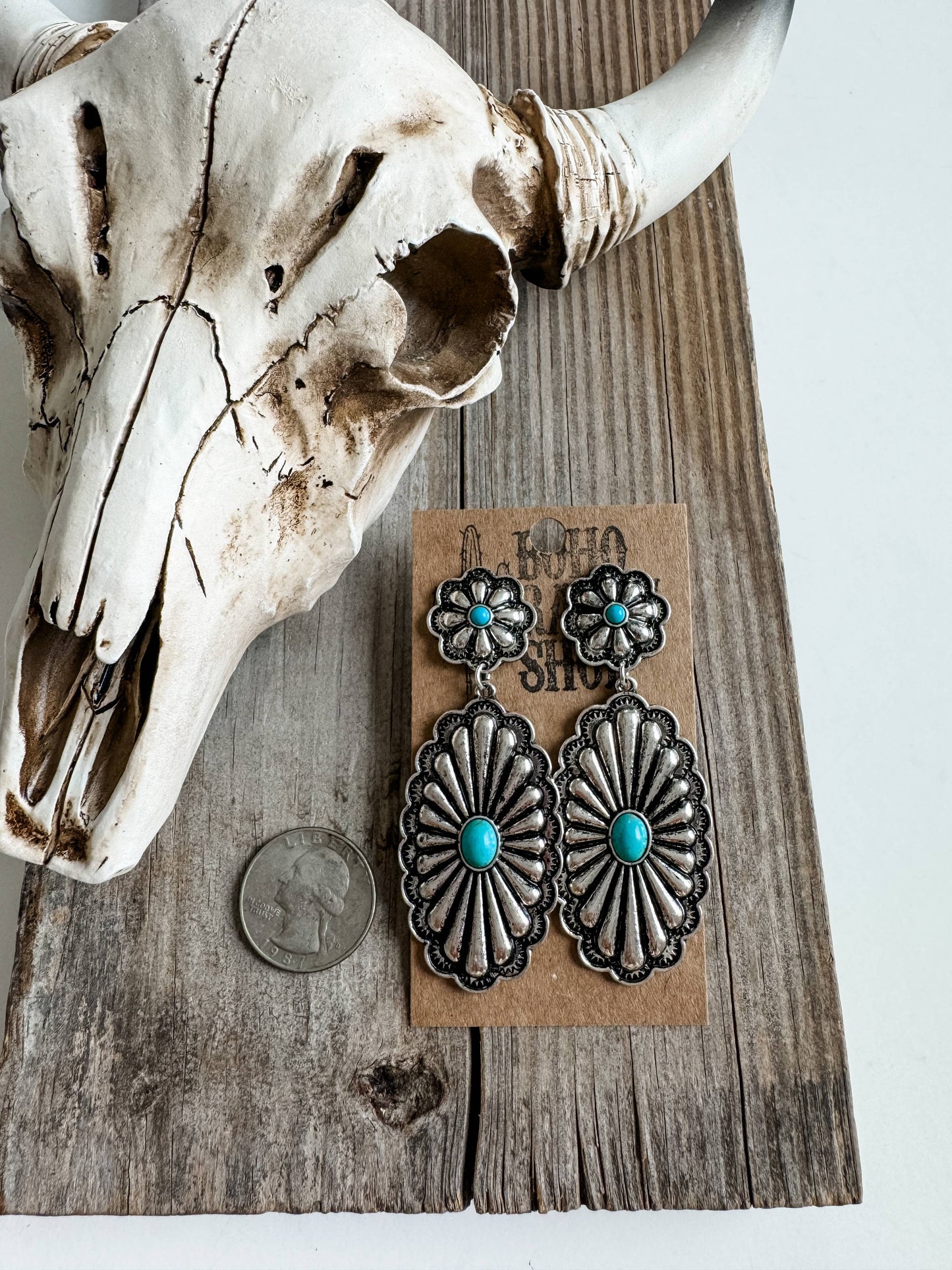 Western Textured Double Concho Earrings: TURQUOISE