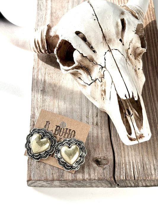 Western Style Vintage Chunky Bubble Heart Stud Earrings: Gold