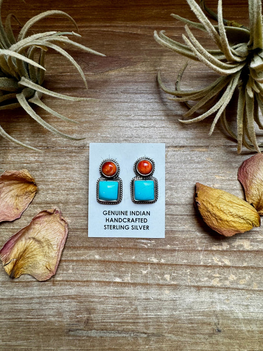 Marcella James Kingman Turquoise & Spiny Oyster Stud Earrings – Sterling Silver, Native Made