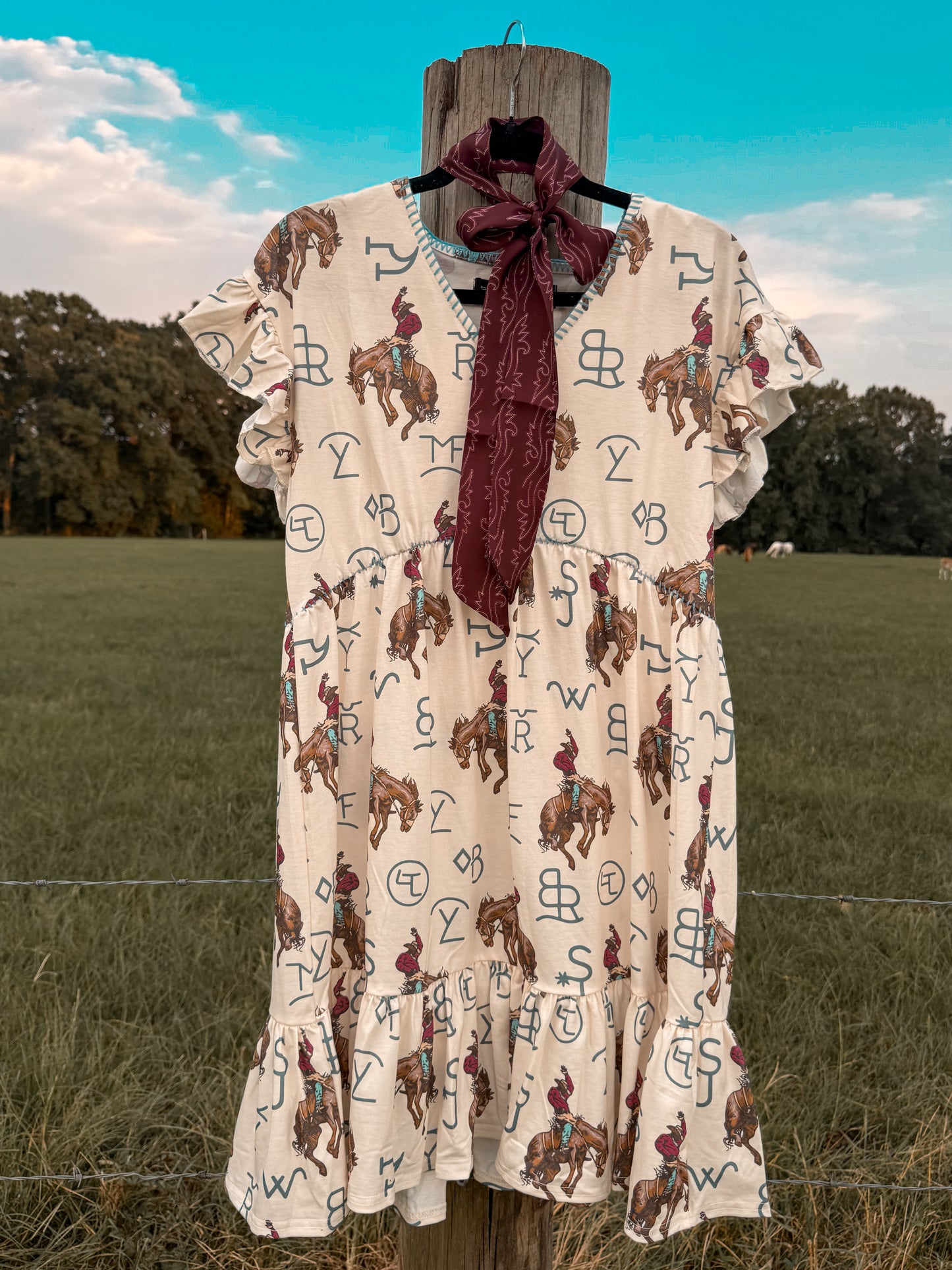 Kicking Cowboy Horse Cattle Brand Ruffle Tier Dress