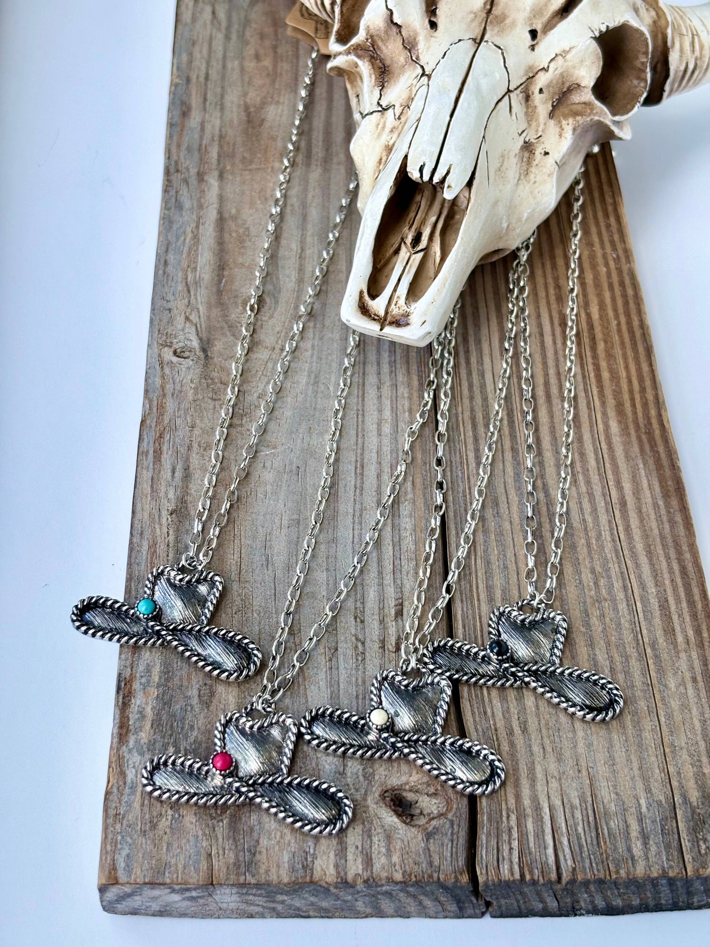 Western Cowboy Hat Stone Pendant Necklace: Red