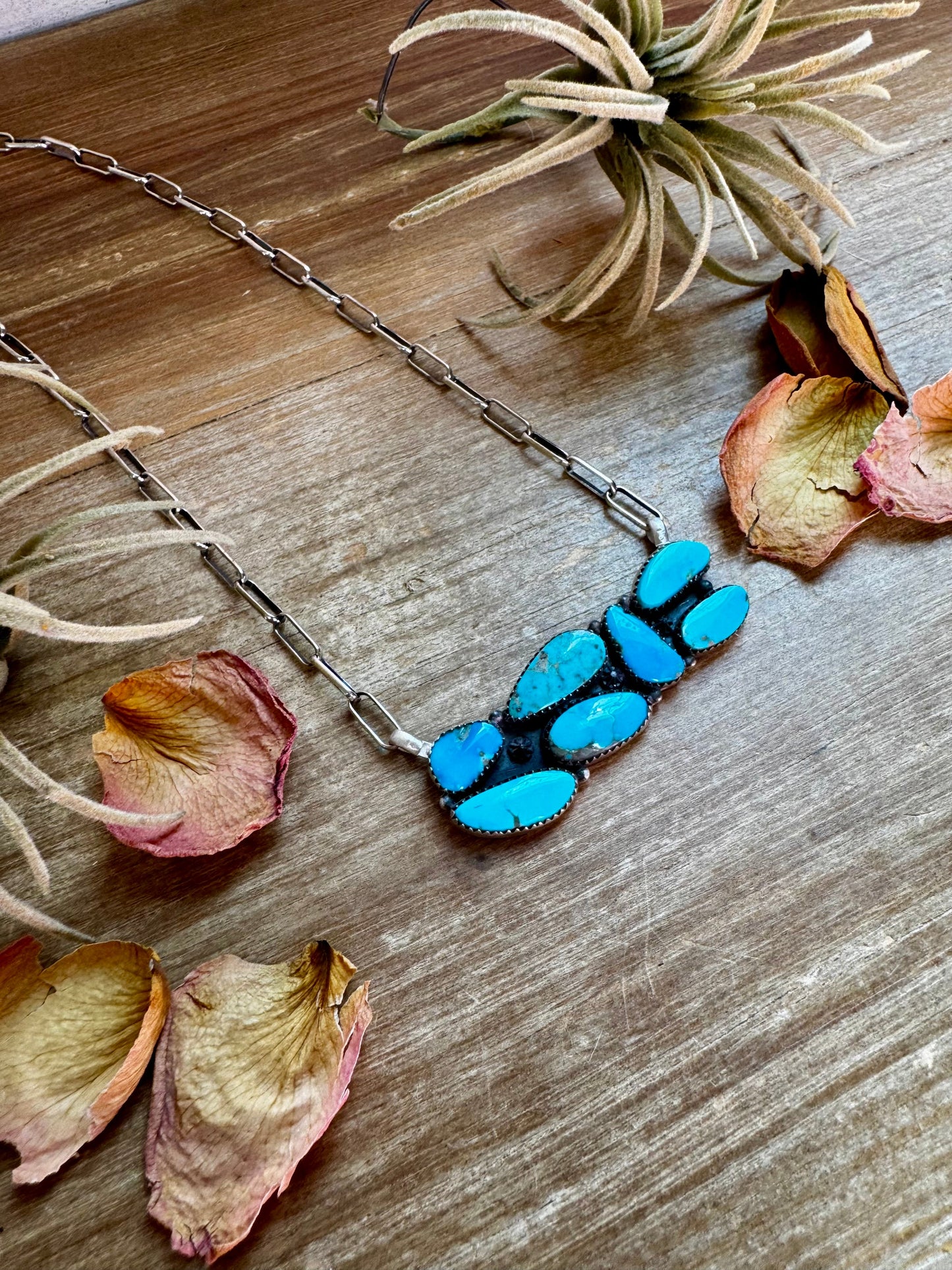 Bar Necklace – 7 Large Kingman Turquoise Stones – Sterling Silver – 19 Inch Paperclip Chain
