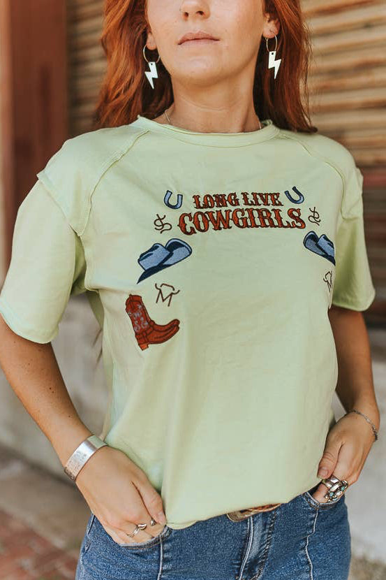 Pistachio LongLive Cowgirls Western Embroidered RawHem Shirt