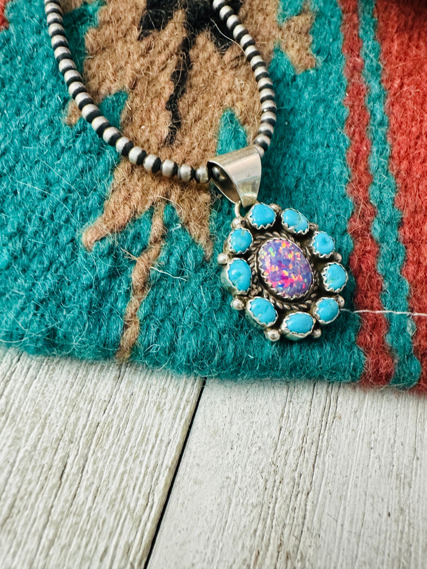 Navajo Turquoise, Opal & Sterling Silver Cluster Pendant
