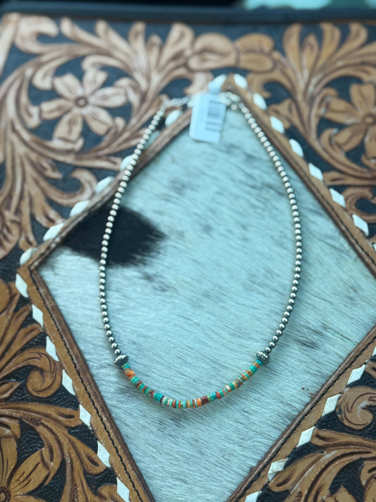 Sterling Silver Pearl Choker with Turquoise & Spiny Oyster Heishi