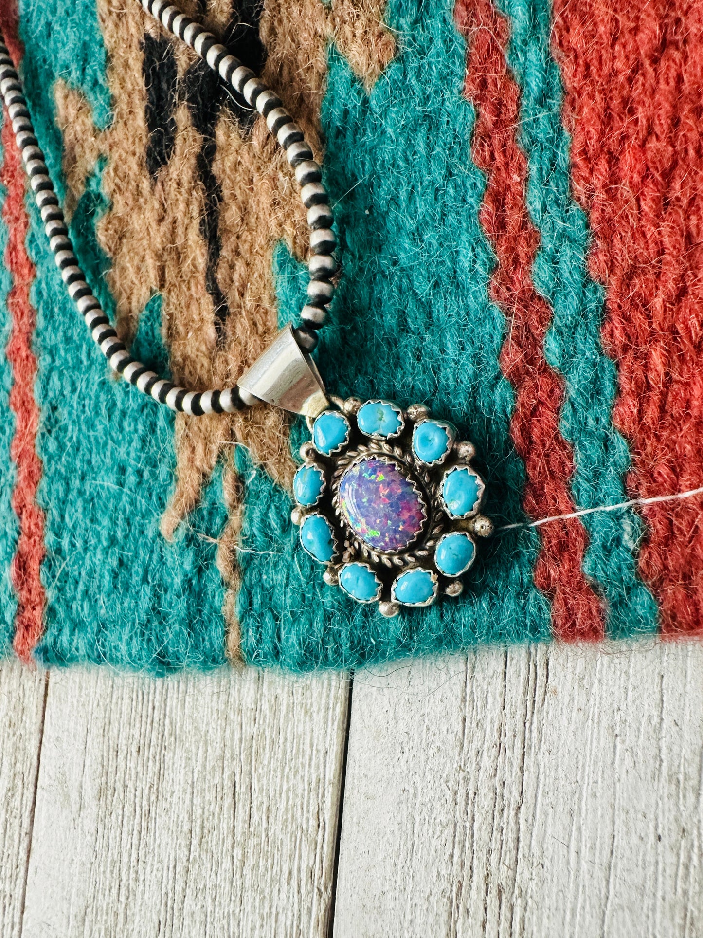 Navajo Turquoise, Opal & Sterling Silver Cluster Pendant