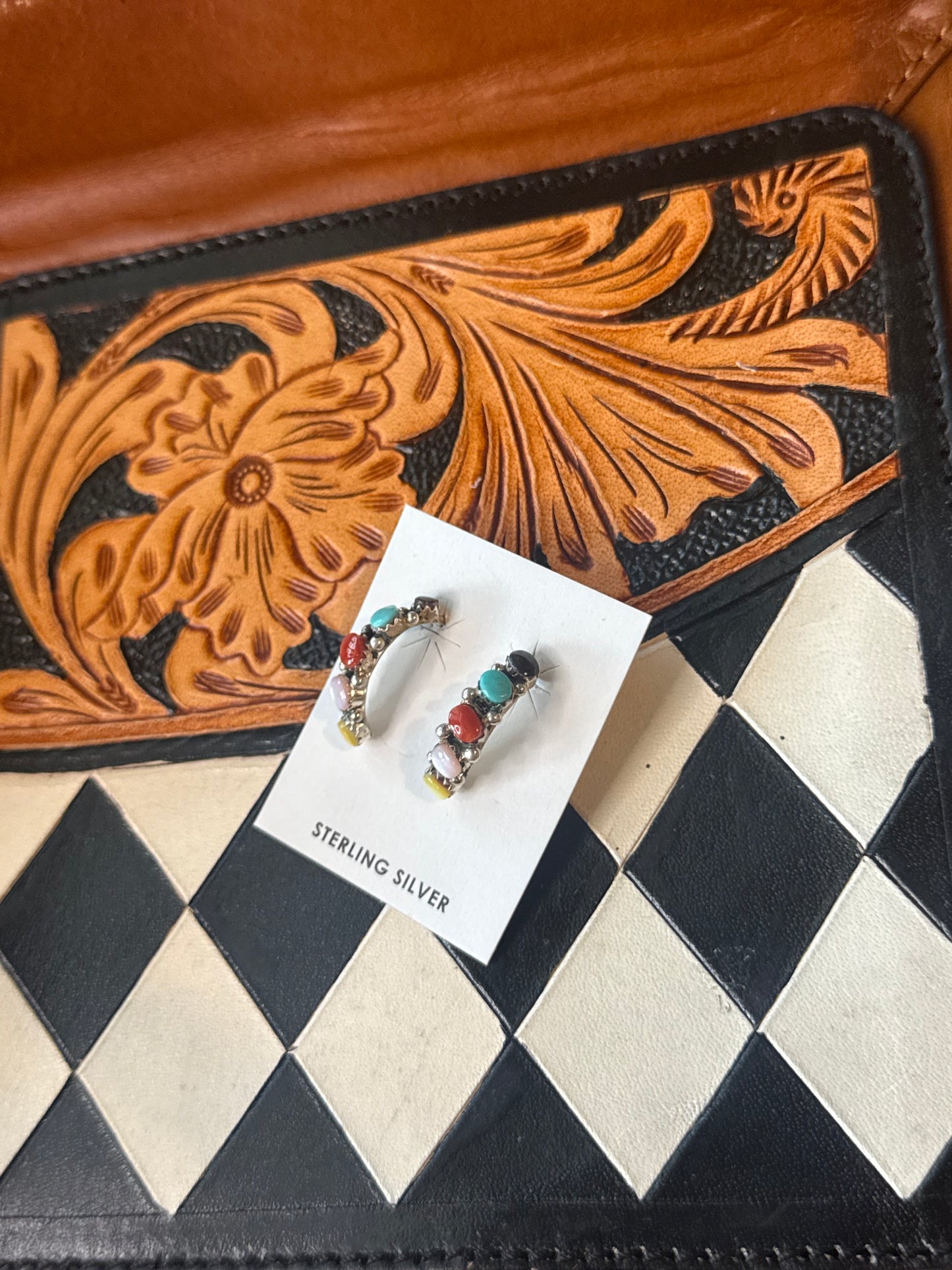 Multi  stone half hoop post earrings
