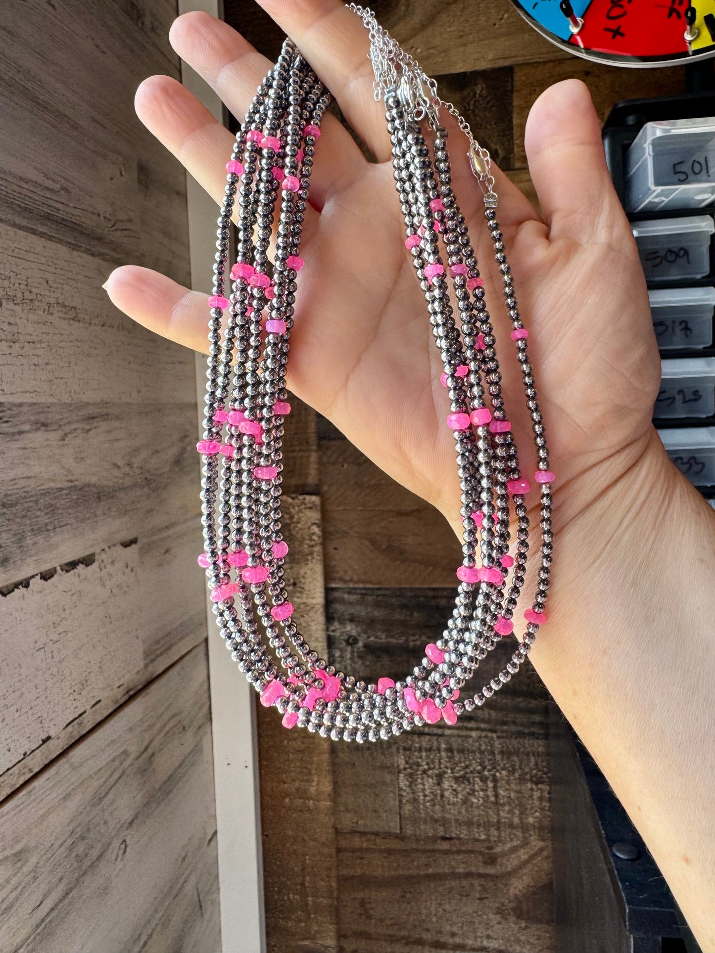 Pink Opal & Sterling Silver Pearl Necklace – 15"