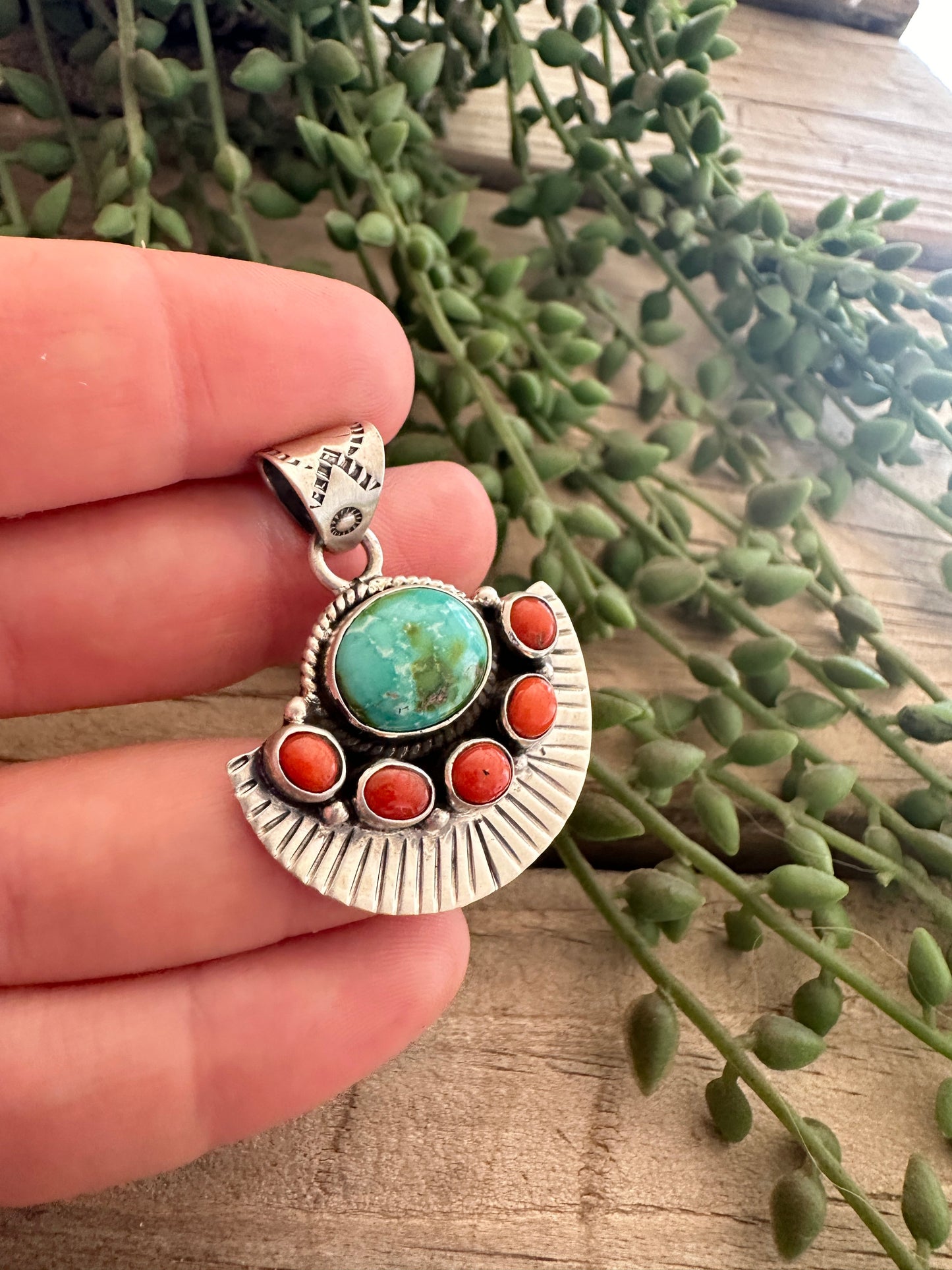 Beautiful Handmade Sterling Silver, Coral & Sonoran Mountain Turquoise Pendant