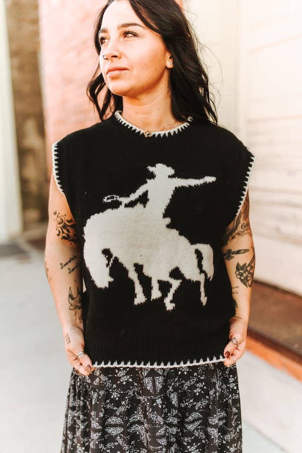 Black Ivory Buckin Horse Sleeveless Sweater