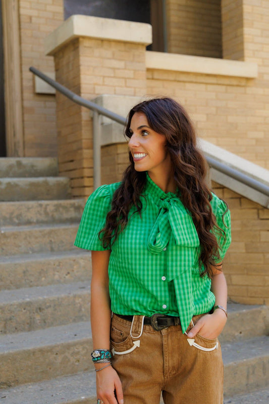Gingham in green top
