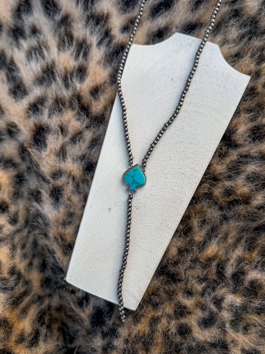 Pearl Bead Turquoise Stone Spade Pendant Necklace