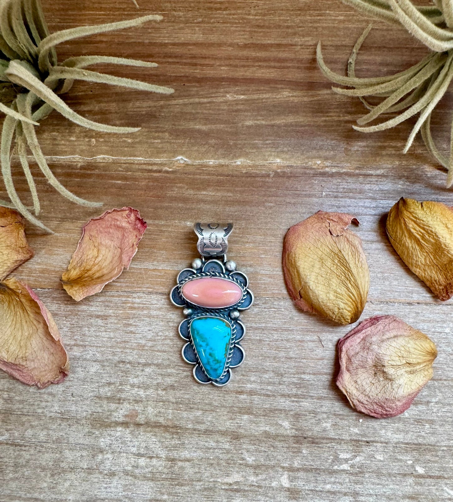 Pink Conch & Turquoise Pendant – Sterling Silver