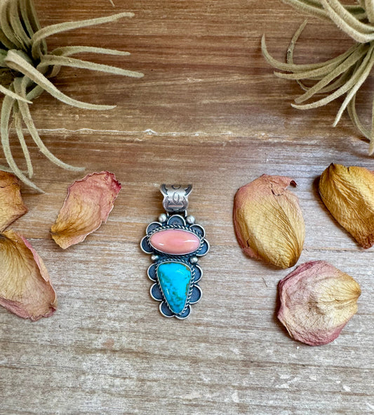 Pink Conch & Turquoise Pendant – Sterling Silver