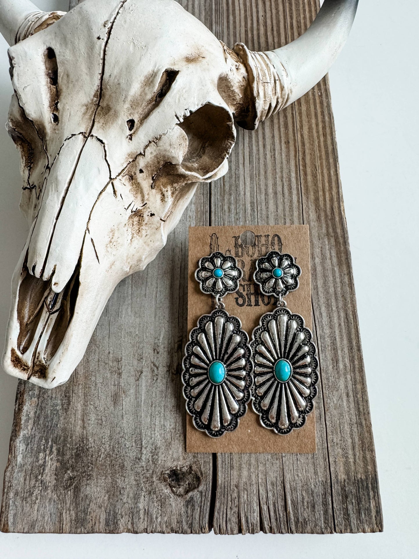 Western Textured Double Concho Earrings: TURQUOISE