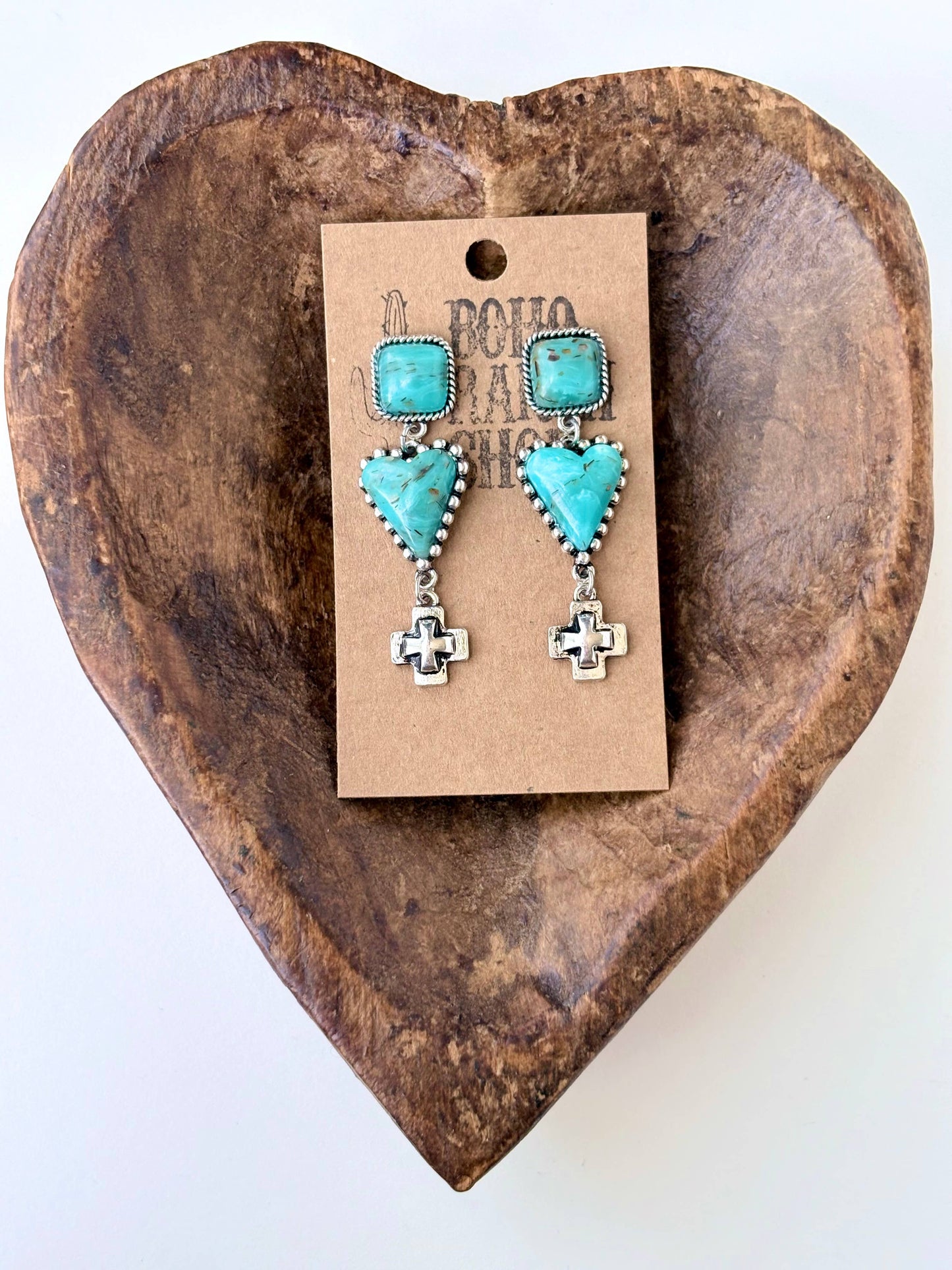 Square, Heart Turquoise Stone & Cross Post Drop Earrings