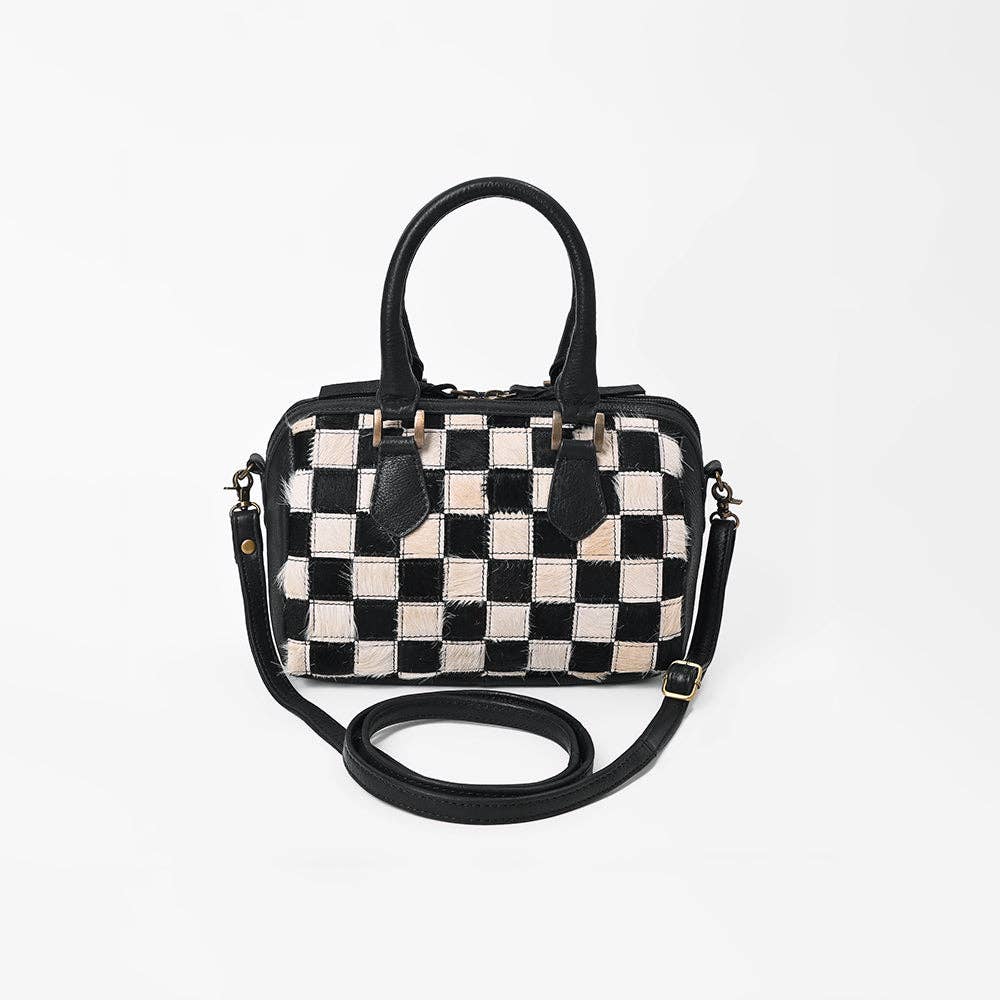 Leather & Hair-On-Hide Black Checkerboard Speedy Bag: ADBGM1088