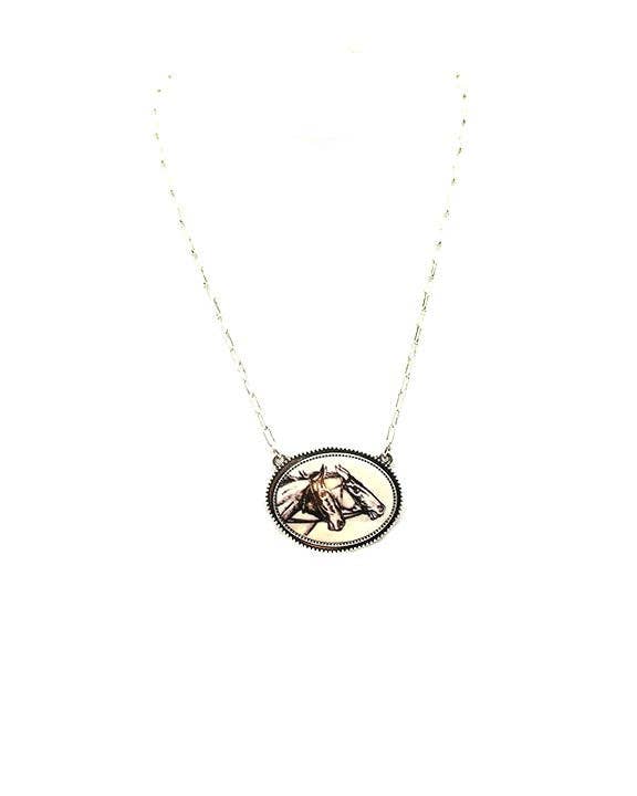 Western Oval Double Horse Print Pendant Necklace