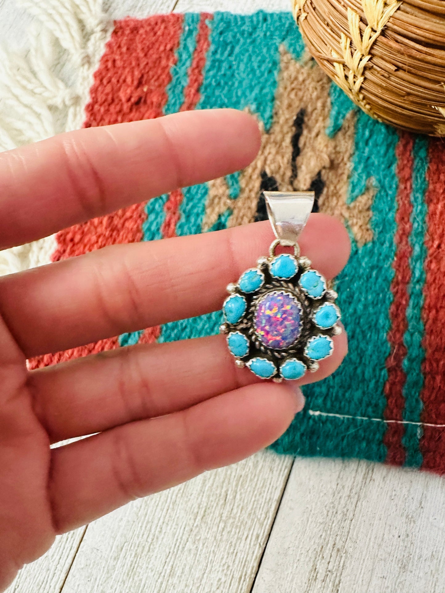 Navajo Turquoise, Opal & Sterling Silver Cluster Pendant