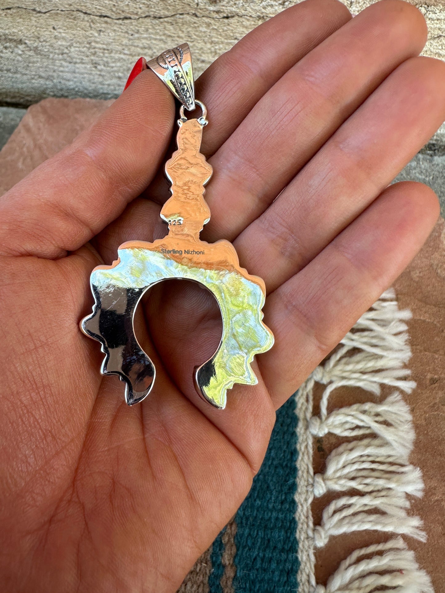 Beautiful Handmade Sterling Silver, Coral & Golden Hills Turquoise Naja Pendant