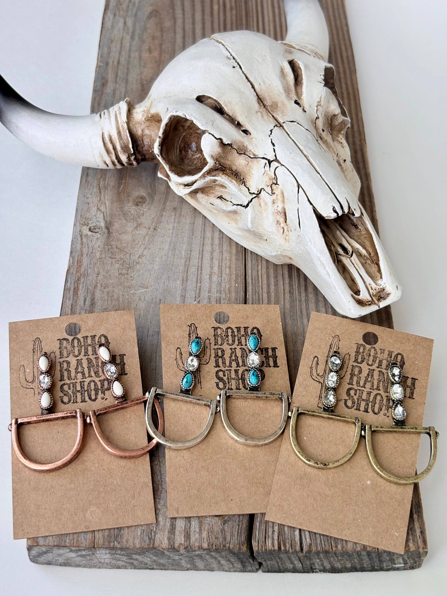 Western Horsebit Stone & Rhinestone Post Drop Earrings: Silver